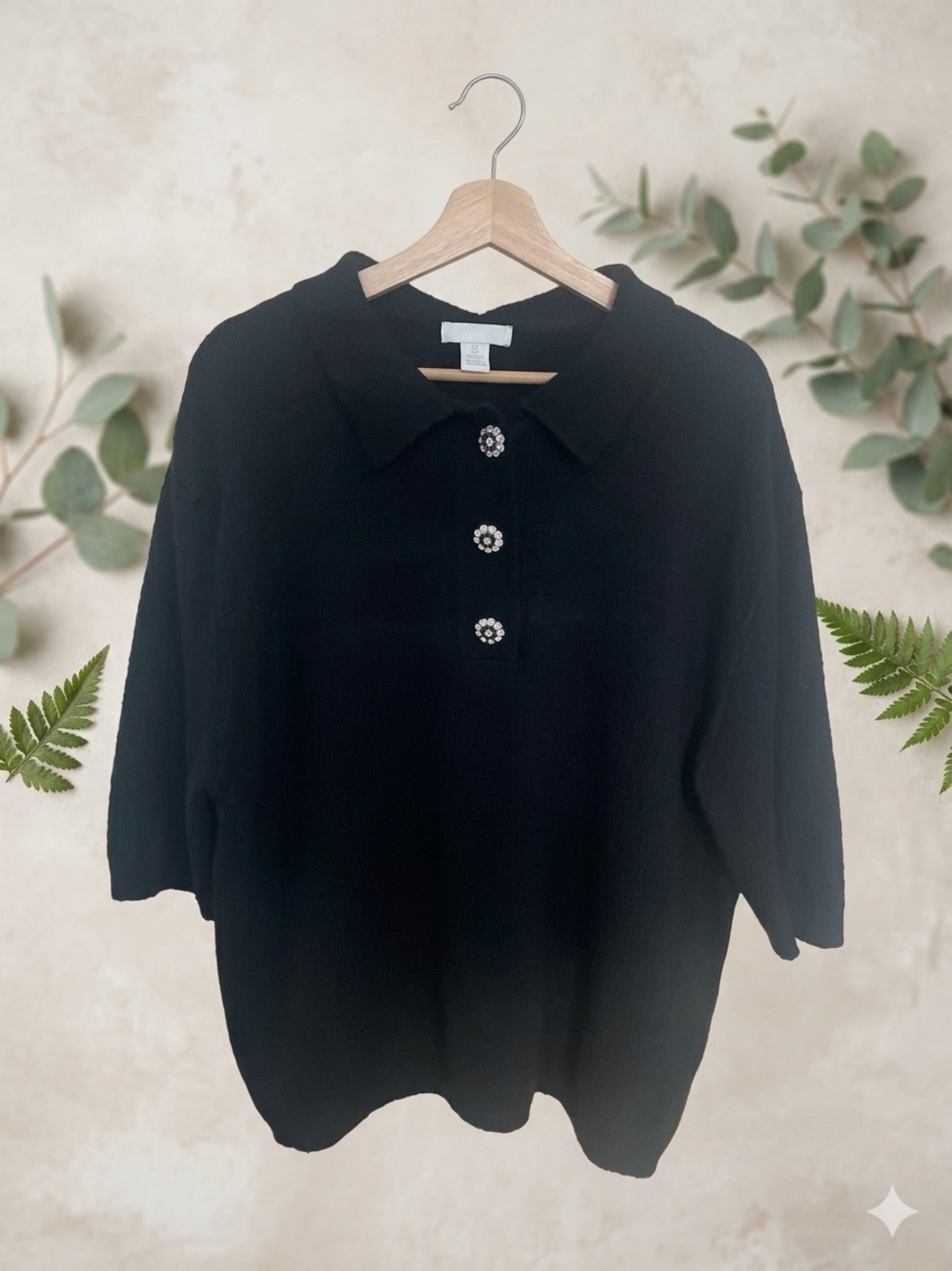 H&M Oversized Rhinestone Button Black Polo Knit Sweater L